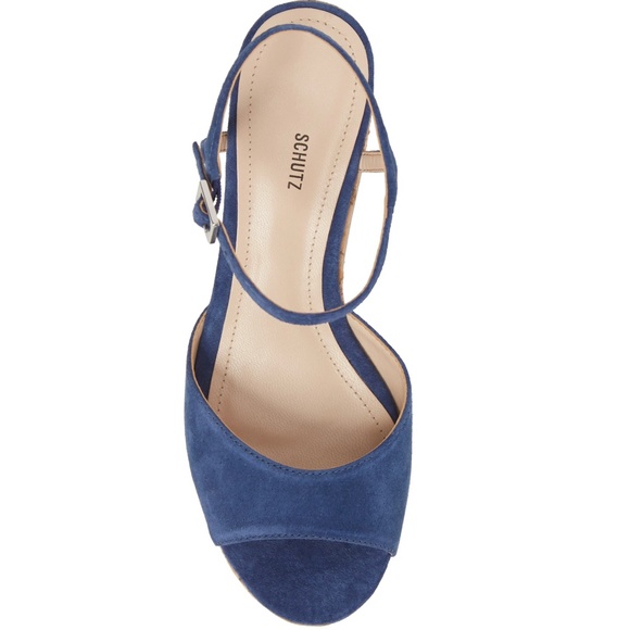 Schutz Heloise Blue Suede Platform Wedge Sandal Ankle Strap Comfortable Pumps 10 - Picture 5 of 11